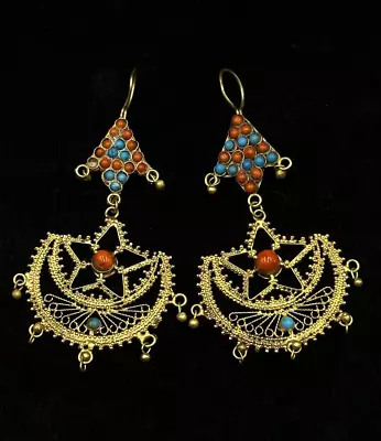 Vintage Turkmen Afghan Traditional Brass Gold Plated Boho Earring With Stones • $80