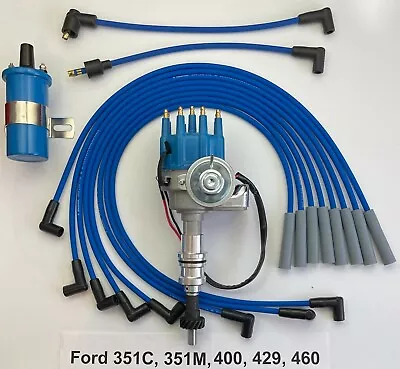 FORD 351C/M 400 429 460 Small Cap HEI Distributor + BLUE 45K Coil +  PLUG WIRES • $154.95