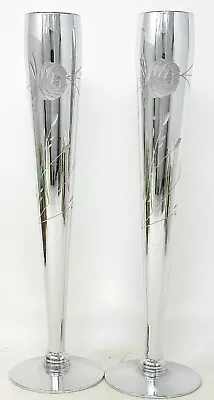 VTG Mueller Candlelite Crystal 2 Bud Vases/Flutes Hand Blown Silver Tone Etched • $23.99