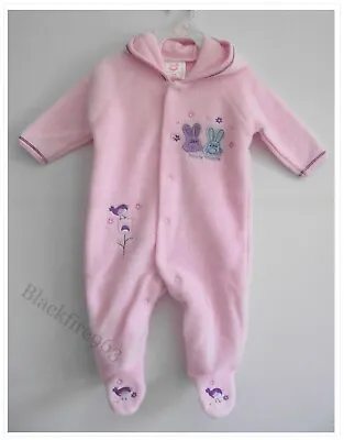 £8.99 • Buy Baby Girls Pink Fleece Babygrow Bunny Design Warm Hooded Sleepsuit 0-12 Mths