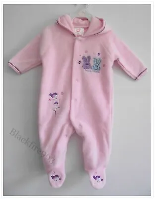 Baby Girls Pink Fleece Babygrow Bunny Design Warm Hooded Sleepsuit 0-12 Mths • £8.99