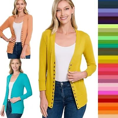 $13.95 • Buy 3/4 Sleeve Snap Button Front Ribbed Detail V Neck Sweater Cardigan