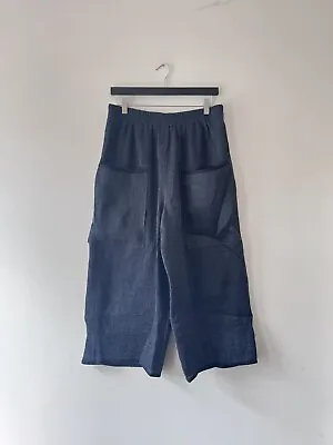 £130 • Buy Oska Linen Silk Steel Blue Navy Plisse Cropped Trousers Low Crotch Size 2