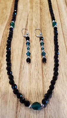 Vintage 30  Black Jet Bead Necklace W/emerald Green Accents & Pierced Earrings • $18.99