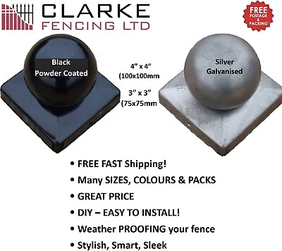 Metal Fence Post Caps Ball Finials | Suits 3x3 Or 4x4  Posts! | Galvanized/Black • £64.95