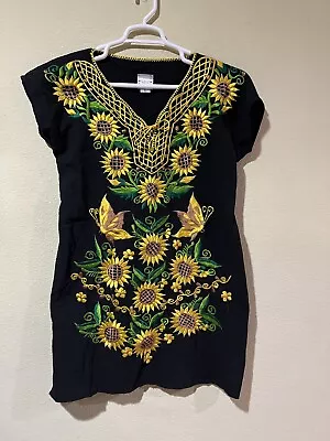 Mexican Oaxacan BLACK YELLOW Dress Sunflowers Embroidered Bohemian Sz L D8 • $39.99