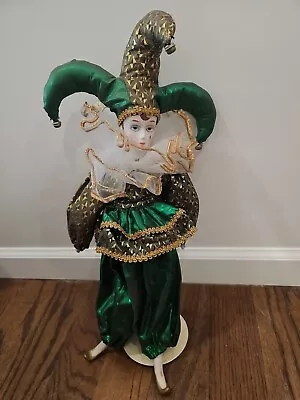 VINTAGE 19  Harlequin Mardi Gras Jester Clown Porcelain Doll Gold Green Lace • $32.99