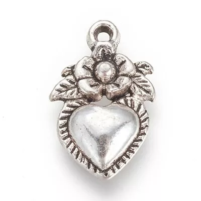 Heart Charms Antiqued Silver Love Pendants Flower Heart Jewelry 8pcs • $3.19