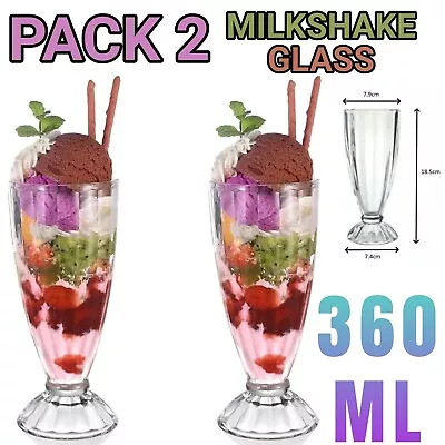 Set Of 2 Vintage Clear Milkshake Glass Sundae Ice Cream Soda Dessert Tall 360ML • £9.99