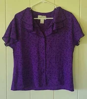 Karyl Kaye HI. Womens M Top Vintage Purple Geo Short Sleeve Button Down Ruffle  • $24