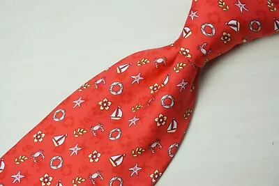 Salvatore Ferragamo Red Beach Seaside Sailboat Crab 100% Silk Tie Italy • $132.86