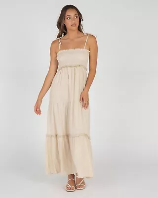 Mooloola City Beach Daphne Linen Blend Maxi Dress Natural Beige Sz 12 • $30