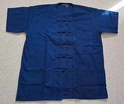 Men Chinese Mandarin Cotton Shirt Deep Blue Pankou Buttons Top Size Large • £14.99