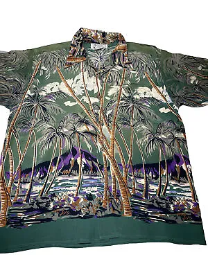 $129.99 • Buy Avanti Green Silk Hawaiian Aloha Deco Palm Shirt Sun Surf Spooner Kahala Medium