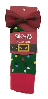 Ho Ho Ho Mens Christmas Bow Tie And Sock Set Red And Green Lights And Trees • $14.09