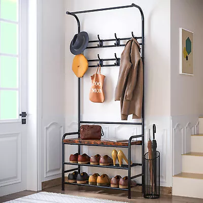  4-in-1 Coat Rack Storage Bench With Hanging Bar Coat Tree For Entryway Hallway • $51.14