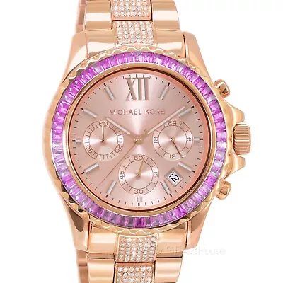 Michael Kors Everest Womens Pave Glitz Watch Purple Crystals Rose Gold Band • $115.31