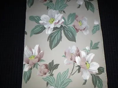 £62.92 • Buy Vtg 1940s-50s Wallpaper Taupe Background Pink White BIG Floral 18.5  W Part Roll