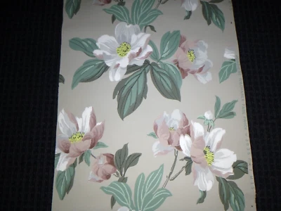 £62.92 • Buy Vtg 1940s-50s Wallpaper Taupe Background Pink White BIG Floral 18.5  W Part Roll