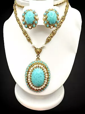 Vintage West Germany Turquoise Art Glass Rhinestone Necklace Clip Earring Set • $185