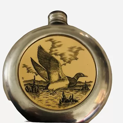 Vintage Comoy’s Sheffield England Pewter Round Liquor Flask With Duck In Flight • $27