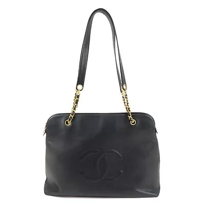 Authentic CHANEL Caviar Skin Coco Mark Chain Shoulder Bag Black Gold Used F/S • $2780