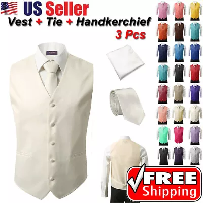 SET Vest Tie Hankie Fashion Men's Formal Dress Suit Slim Tuxedo Waistcoat Coat • $22.99