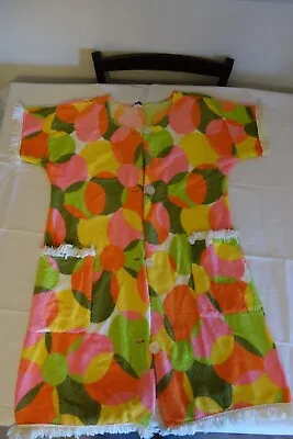 Vintage 60s 70s Hippie Mod Terry Cloth Fringe Towel Bright Floral Dress Small • $179.99