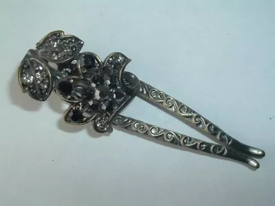 Vintage Rhinestone Flower Hinged Gold Tone Metal Hair Stick Up Do Hair Accessory • $18