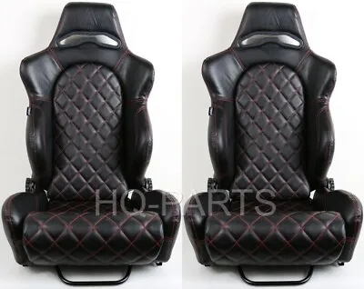 2 Tanaka Black Pvc Leather Racing Seats Reclinable Red Diamond Stitch Fits Mazda • $306.89