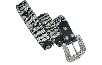 Leather Rhinestone Belt Appx Size 34  Crosses Black White Faux Zebra Fur 1.5  • $24.99