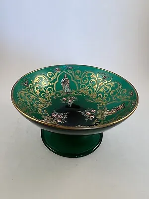 Salvaiti Moser Bohemian HP Hand Painted Enameled Small Green Footed Center Bowl • $20