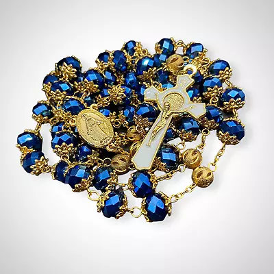 Saint Benedict Gold Rosary Necklace Deep Blue Crystal Beads Miraculous & Cross • $16.87