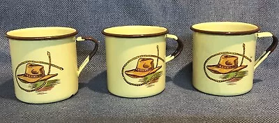 MONTERREY WESTERN WARE Enamelware Cup Mug Mexico Hat Lasso Cowboy * Set Of 3 • $59