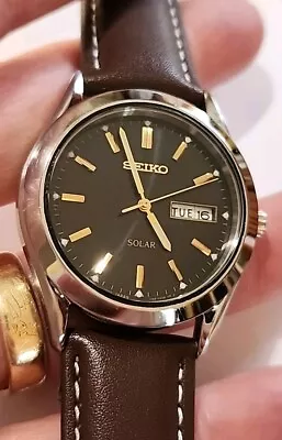 Seiko Solar Watch Men Silver Gold Two Tone Day Date V158-0AB0 Leather Band • $26