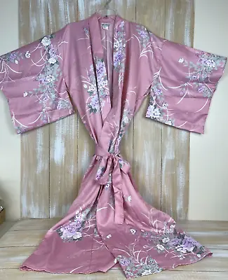 Vintage JAPANESE KIMONO Long ROBE 100% Polyester Made In Japan Pink Floral Print • $21.50