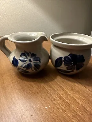 WPF Williamsburg Pottery Factory 3  Cream Pitcher And Sugar Bowl Set Gray Blue • $8