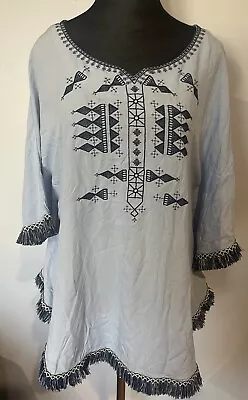 Missy Q Kaftan Top Size 8 IN BUILT Arms Tassels BLUE Embroidered BOHO  FREE POST • $24.99