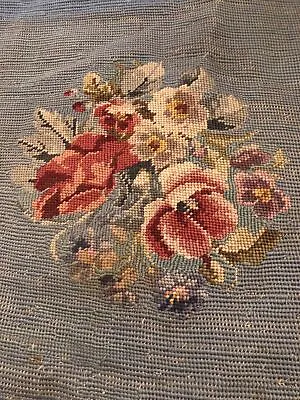 Vintage French Blue Floral Completed Needlepoint Canvas 22” By 19” • $16.99