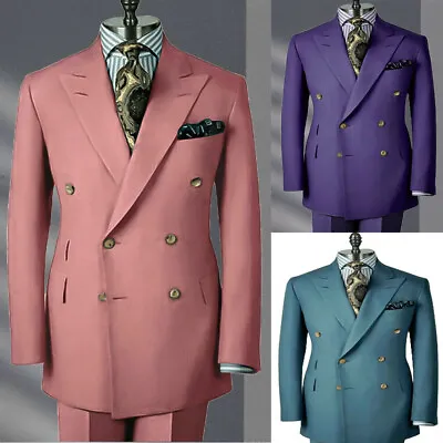 Vintage Men Suits Double Breasted Peak Lapel Tailored Formal Blazer Coats Pants • $83.69