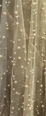BEIGE Pearls Tulle Beads 52  Wide Bridal Veil Tulle Fabric • $22.95