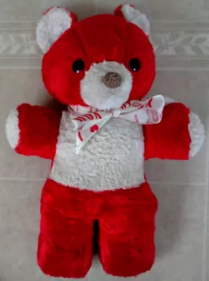 Vintage 16  Teddy Bear Plush Red & White & I LOVE YOU Ribbon Black Button Eyes • $44