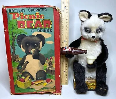 Toy Picnic Bear ALPS Vintage Tin Lithographed Battery Operated With Box UNTESTED • $49