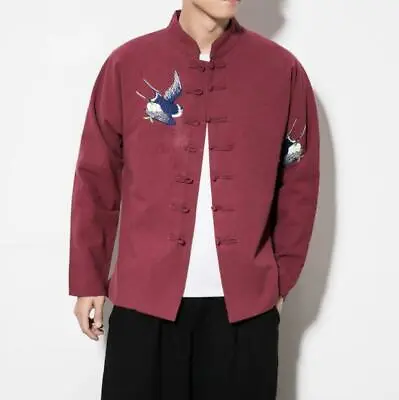 Mens Chinese Style Birds Embroidery Long Sleeve Jacket Retro Casual Comfort Coat • $48.32