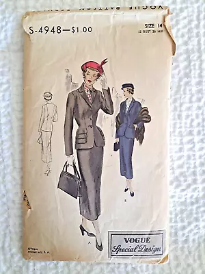 Vintage 1940s Vogue Special Design Suit Pattern S-4948 Skirt Fitted Jacket 14/32 • $18