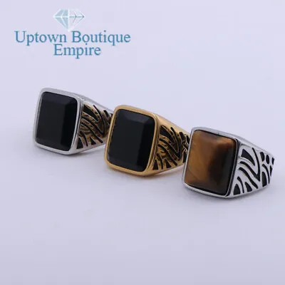  Black Onyx/Tiger Eye Gemstone Men's Stainless Steel Ring Band Size:8-13#AB • $13.99