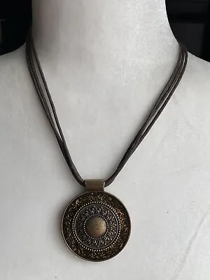 Mandala Sun Dial Pendant Necklace 18 Inch Black Cord Extender Antique Brass Tone • $12.90