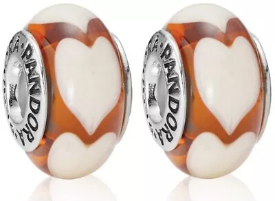 (ONE CHARM) Pandora Amber Love Beige Hearts Murano Glass Bead Charms 790662 • £19.45