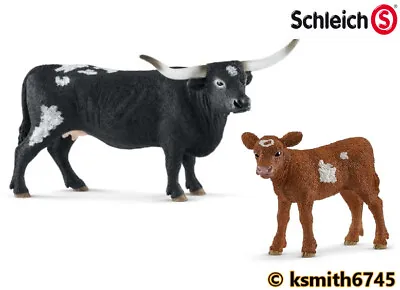 Schleich TEXAS LONGHORN COW & CALF Plastic Toy Farm Pet Animal Cattle * NEW *💥 • £13.15