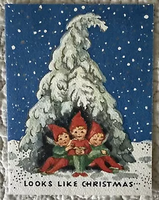 Unused Christmas Elves Pixies Sit Tree Vintage Greeting Card 1950s 1960s Brownie • $16.89